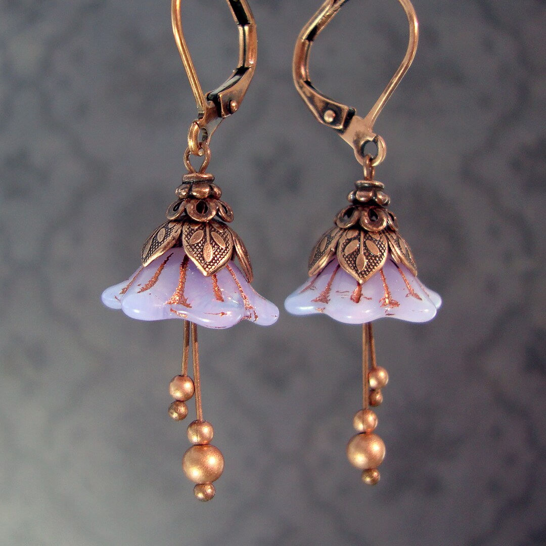 Lavender Fairy Flower Earrings Handmade with Artisan Czech Glass Beads and Antiqued Copper, Light Purple Floral Costume Jewelry MakerPlace by
